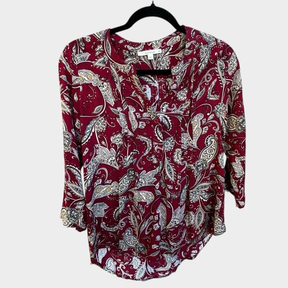fun 2 fun Tops - Fun 2 Fun x Stitch Fix Kearney Henley 3/4 Sleeve Red Paisley Print Blouse, XS
